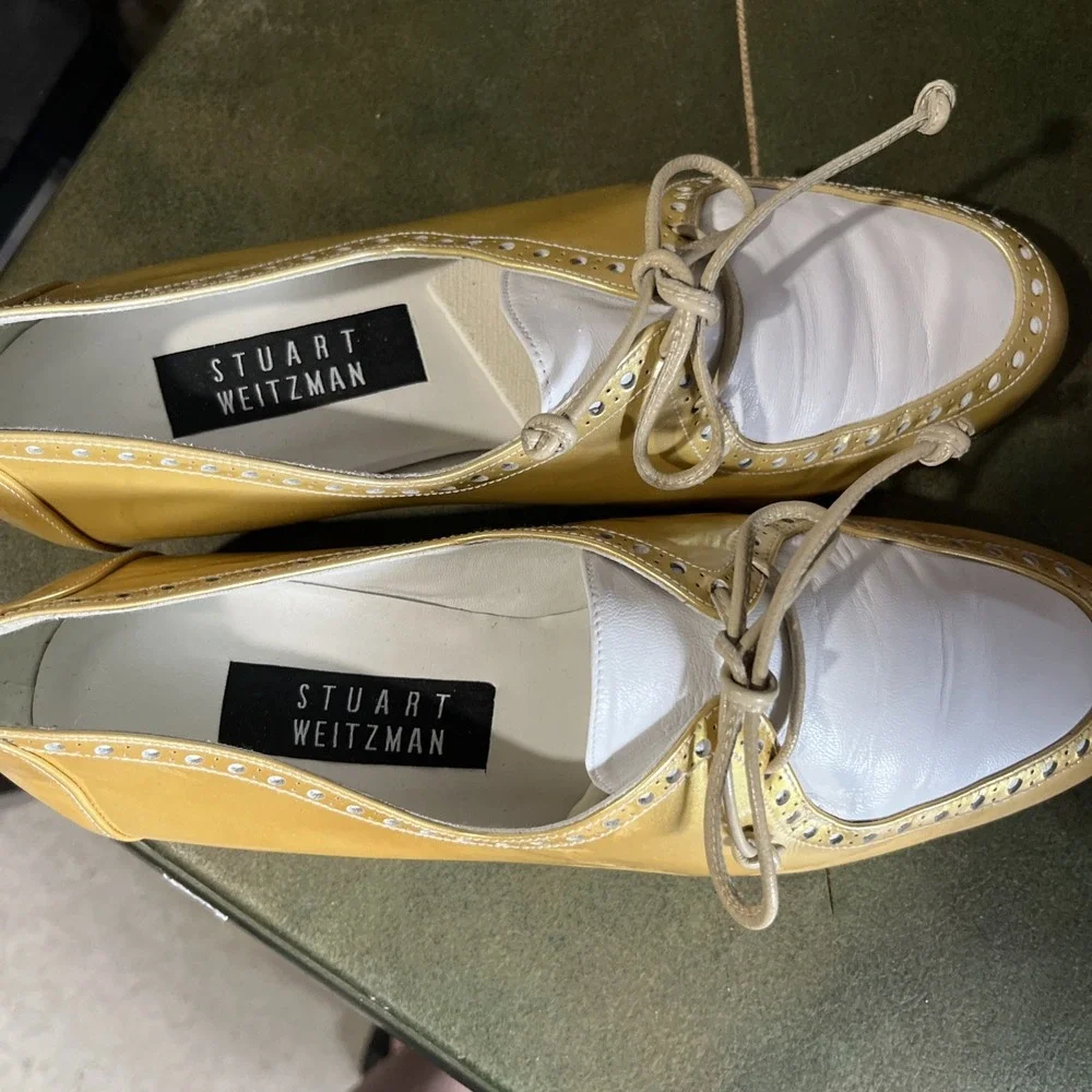 Stuart Weitzman Leather Gold Two Tone Loafers  Made in Spain Barely Worn 7.5
